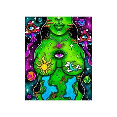 a painting of a green creature with stars and planets on it's back ground