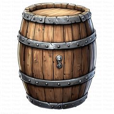 a wooden barrel with metal straps and rivets on the bottom is shown in this drawing