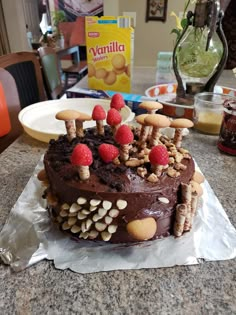 a chocolate cake with nuts and berries on top