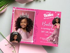 "Pink Glittery Doll Birthday Invitation, Perfect for Any Age!  Celebrate your little girl's special day with our customizable black barbie Birthday Invitation. This easy-to-use template is available to edit instantly. The Canva editor allows you to personalize your printable Invitation directly in your web browser. Once you've edited your invite, you can either print it at home or have it professionally printed at a local print shop.  The age on the template is five, but this can be edited for a Barbie 1st Birthday Invitation, Barbie Invitation Card, Black Barbie Birthday Party, Barbie Birthday Party Invitations, Barbie Invitation Template, Princess Invitation Template, Barbie Invitation, Barbie Birthday Invitations, Barbie Invitations