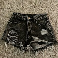 Frayed And Gray/Black Jean Shorts. Never Worn And Super Cute For Spring Break And Summer! They Are In Perfect Condition! Cheap Ripped Short Bottoms, Jean Shorts With Chains On Side, Cheap Y2k Distressed Bottoms, Edgy Mini Length Bottoms At Cheap Price, Cheap Vintage Ripped Bottoms, Cute Black Riped Jeans, Cheap Stretch Denim Flares, Edgy Denim Shorts, Cute Ripped Denim Shorts