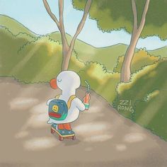 a cartoon bear riding a skateboard down a dirt road with trees in the background