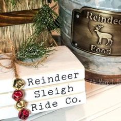 reindeer sleigh ride co is sitting next to a metal bucket and christmas tree