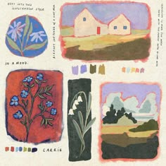 an image of four different paintings with flowers and houses in the background, including one blue flower