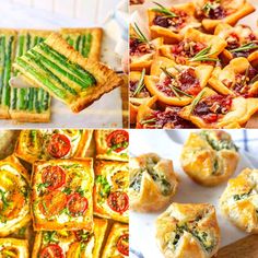 four different pictures with various food items on them including breads, tarts and asparagus