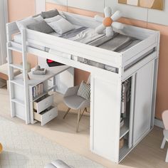 a loft bed with desk underneath it in a room that has pink walls and white furniture