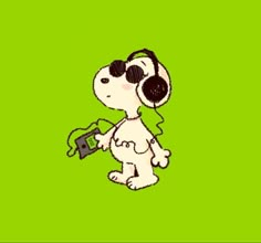 a cartoon dog with headphones and a camera in his hand on a green background