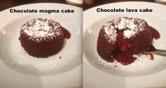 two pictures of chocolate cake on a white plate