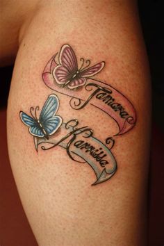 a woman's thigh with two butterflies on it and the words family, friends