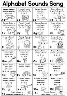 the alphabet sounds song is shown in black and white with pictures of animals, letters, and