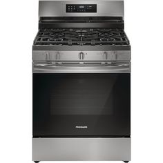 a stainless steel stove and oven with the top burner on an isolated white background