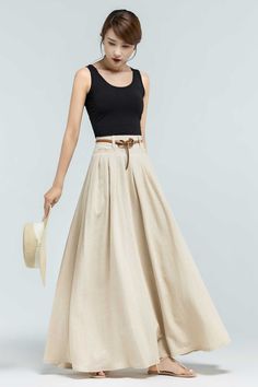 "Get dressed and out of the door in classic good looks with this pleated maxi skirt, crafted with soft cotton linen fabric, featuring pleated waist detail and twin big pockets. DETAIL * 50% linen ,50% cotton * No Lining, Not see through * Pleated waist * Ankle Length * Two pockets * Belt loops on waistband * Side zipper closure * Perfect for spring and summer. * The belt model wears is not for sale * More color and More size https://etsy.me/2Q0qceO SIZE GUIDE Size vary between Brand and Country Linen Maxi Skirt Outfit, Sleeveless Top Outfit, Maxi Linen Skirt, Clothes Capsule Wardrobe, Maxi Skirt Outfit, Long Linen Skirt, Linen Maxi Skirt, Outfit For Summer, Skirt Linen