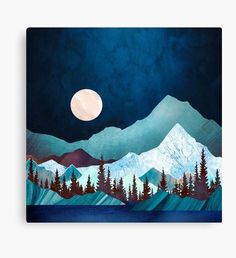 a painting of mountains and trees with the moon in the sky above them art print