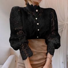 Beautiful Button Down Shirt For Queen Fashionistas! Stunning Lace Trim Comfortable Stand Collar Blouse, Women Lace Blouse, Lace Blouse Long Sleeve, Patchwork Shirt, Patch Work Blouse, Feminine Blouses, Petal Sleeve, Lace Patchwork, Elegant Blouses