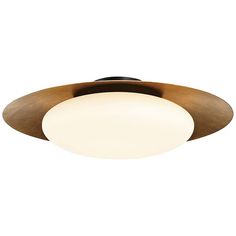 a ceiling light with an oval glass shade on the top and wooden trim around it