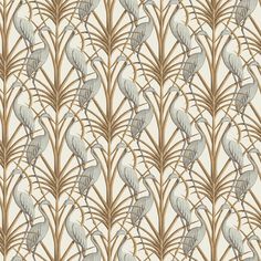 a wallpaper pattern with birds and plants on the side, in grey and beige colors