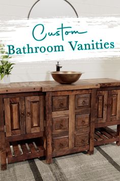 the bathroom vanity is made out of wood and has a bowl on top of it