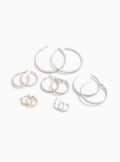 This collection of rhinestone, silver, rose gold, and gold earrings contains all the hoops your heart could ever want. It ranges from subtle to gaudy, allowing you to pair with any ensemble. Set of 6. Post back. Base metals. Imported. The best plus size women's sparkle hoop earrings - set of 6 in multi. Sparkle Hoop Earrings, Rose Gold And Gold, Hoop Earring Sets, Christmas Wishlist, Fit Inspo, Silver Rose Gold, Base Metal, Earrings Set, Earring Set