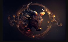 a bull with horns and swirls on it's head is surrounded by lights