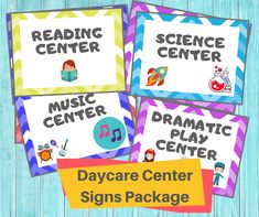 three signs with the words, music center and day care center on them in different colors