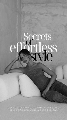 a woman sitting on top of a couch in front of a white wall with the words secrets