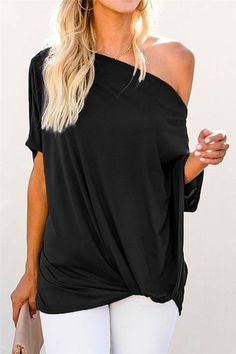 Off-The-Shoulder Slash Neck Loose Fitting Tops $23 S, M , L, XL, 2X Black or Apricot The fabric is very stretchy, which makes it light and ideal for summer weather. This short sleeve blouse is chic delightful and loose enough but not baggy. The side twist knot adds the final touch to this trendy look! Flattering on all body shapes! Pairs well with leggings and jeans. Fabric95%Polyester+5%Spandex Black Off The Shoulder Top, Lounge Shirt, Black Off Shoulder, Loose Pullover, Loose Fitting Tops, Scoop Neck Top, Jeans Size Chart, Casual Black, Off Shoulder Tops