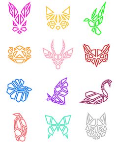 six different colored geometric shapes on a white background, each with an origami bird