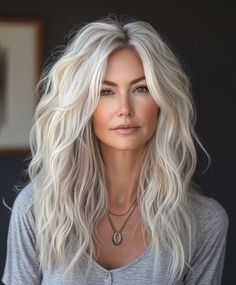 Hairstyle For Women In Their 40s, Middle Age Long Hair Styles Over 40, Platinum Blonde Medium Length Hair, Blonde With Side Bangs, Over 40 Hairstyles Long, Blonde Over 50, Over 50 Long Hairstyles For Women, Professional Long Hairstyles For Work, Hair Color For Women Over 50