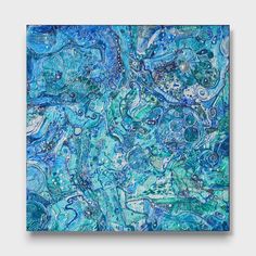 an abstract painting in blue and green with lots of bubbles on the bottom half of it