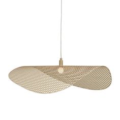 a light that is hanging from a wire on a white wall and it has an oval shape