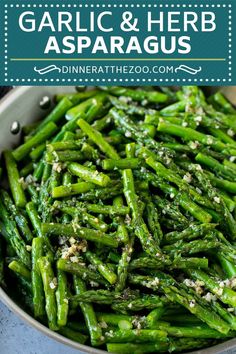 garlic and herb asparagus in a pan with text overlay that reads garlic and herb asparagus