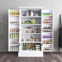 an open refrigerator with lots of food and drinks on shelves next to a potted plant