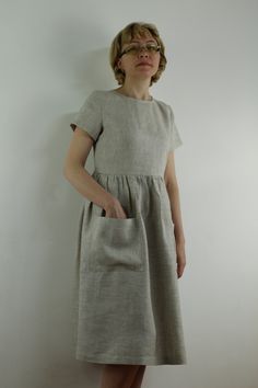 "Spring dress, Handmade natural linen dress with short sleeves , perfect for casual wear and suitable for any occasion in any season Details: - 100% natural linen produced in Europe ; - medium weight (180 gram per square meter); - color: natural, color from catalog. Made to order, approximately a few days, If you have any questions please message me and I will be glad to answer. Size guide : Size S Bust: fits bust around 33\"-34\"/ 84-88 cm Waist: fits waist around 25\"-26\"/ 64-68 cm Hips: fits Casual Dress With Straight Neckline, Basic Dress Pattern Linen, Casual Dress With Notched Neckline, Luxury Linen Dress With Square Neck, Cheap Cotton Lined Dresses, Cheap Everyday Cotton Dress, Affordable Casual Dress With Button Back, Summer Cotton/linen Dress, Luxury Linen Short Sleeve Dress