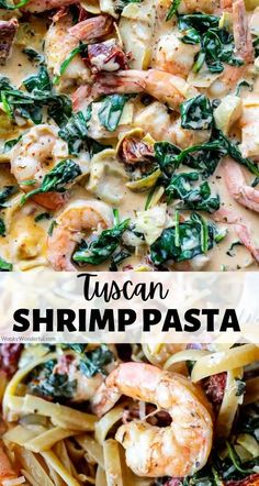 pasta with shrimp, spinach and cheese in a white sauce on the side is an image