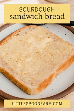 a close up of a piece of bread on a plate with the words sourdough sandwich bread