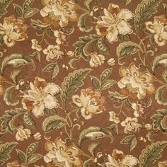 a close up view of a flowered fabric with leaves and flowers on brown background