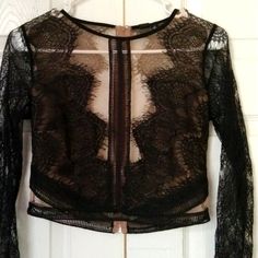 Beautiful Mid Waist Black Lace See Thru Top. Black Detail In Front Covers Breast And Leaves Cleavage Exposed. Looks Elegant On. Great For Cocktail Party Or Club Wear. Has A Rip In The Lower Back On Nude Part Of Fabric, Not Noticeable When Worn. Refer To Pictures. Zips Up In The Back. Long Sleeve Lace Crop Top For Night Out, Cropped Lace Top For Party, Lace Long Sleeve Crop Top For Night Out, Elegant Sheer Crop Top For Evening, Elegant Sheer Evening Crop Top, Black Long Sleeve Crop Top For Evening, Black Sheer Crop Top For Evenings, Black Sheer Crop Top For Evening, Chic Lace Crop Top For Party