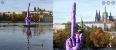 two pictures one is purple and the other has a hand sculpture in front of it