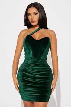 Juliet Velvet Mini Dress - Hunter Holiday Party Fashion, Velvet Corset, Lace Dress Styles, Emerald Green Dresses, Plus Size Corset, Corset Waist, Velvet Mini Dress, Dress One Shoulder, Velvet Fashion