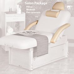 the salon package includes a reclining chair, foot rester and table with towels on it