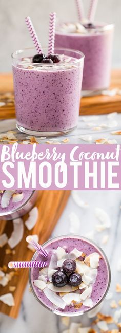 two glasses filled with blueberry coconut smoothie