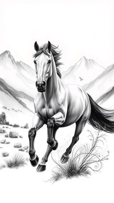 a black and white drawing of a horse running in the snow with mountains in the background