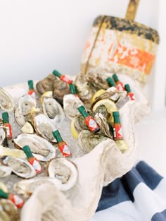 several oysters on ice with bottles in the background