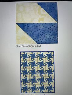 two pictures of blue and white quilts on a computer screen, one showing the same pattern