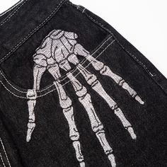 Bone Embroidered Wide-Leg Jeans  Material: Cotton  Size: M, L, XL, 2XL Color: Black,  Season: Spring, Fall,   Occasion: Leisure, Outdoor, Daily, Vacation,Fall Outfits Skeleton Embroidery, Jean Diy, Black Denim Pants, Diy Jeans, Hip Hop Jeans, Custom Jeans, Jean Vintage, Loose Trousers, Neue Outfits