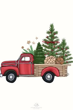 an old red truck carrying a christmas tree