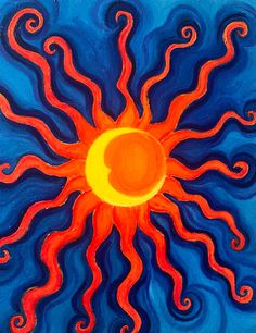 an acrylic painting of the sun in blue and orange colors with swirls