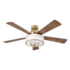 a ceiling fan with two wooden blades and a white light fixture on the top of it