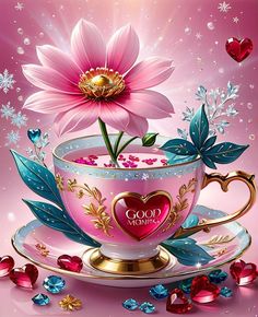 a pink flower in a tea cup on a saucer surrounded by jewels and hearts