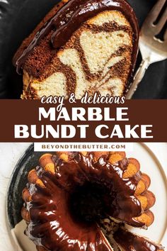 marble bundt cake with chocolate icing on top and the words, easy & delicious marble bundt cake